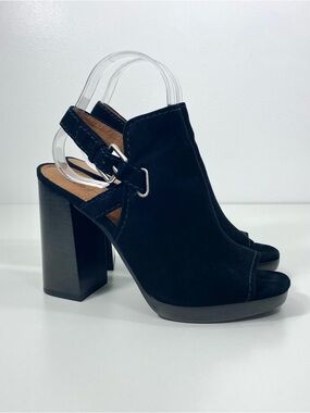 Frye Karissa Shield Sling Black Suede Leather Block Heel Peep Toe Sandals 8 +Box